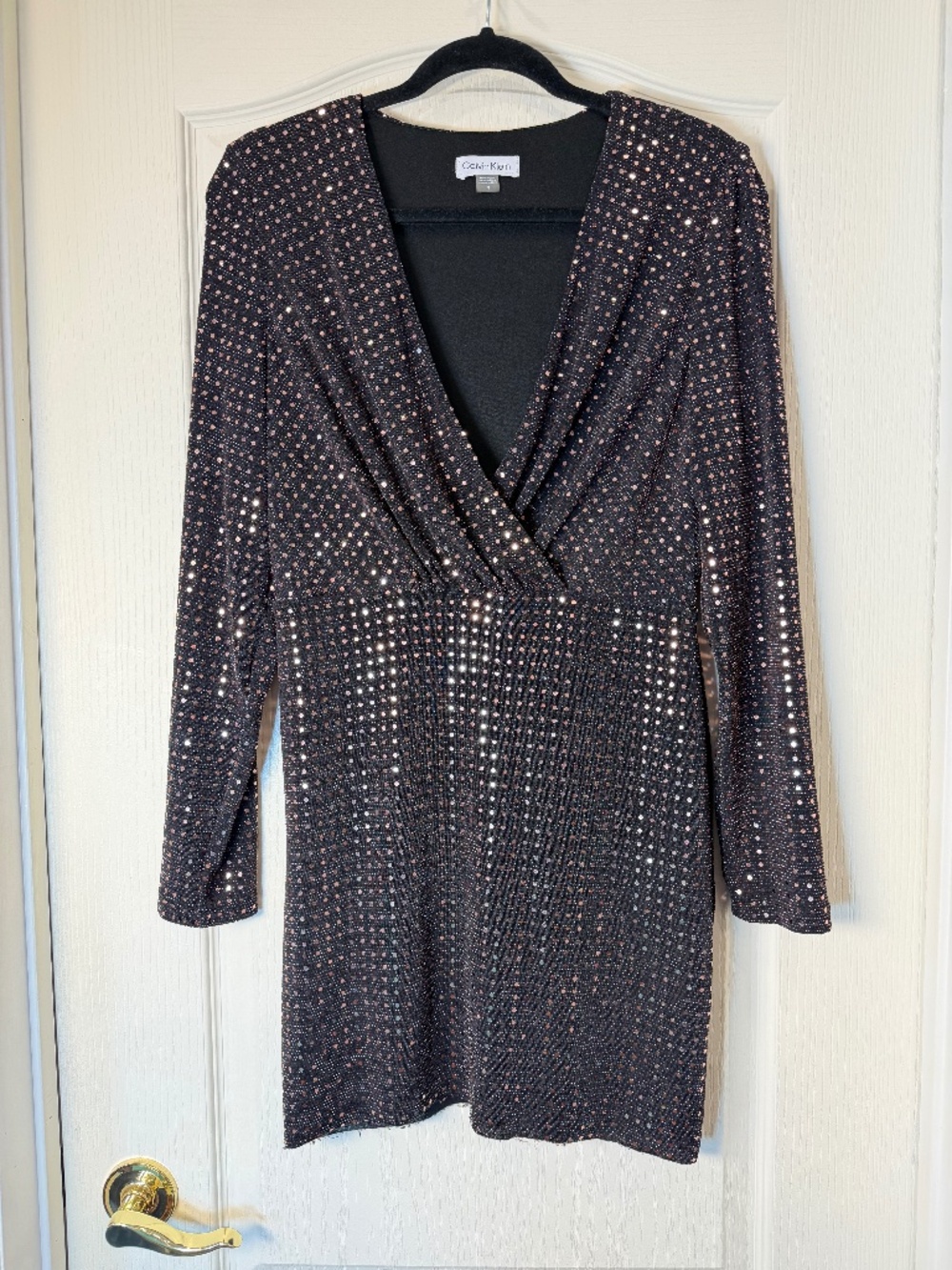 Calvin Klein Black Bronze Metallic Sequin Mini Dress Plunging V Neck Party
